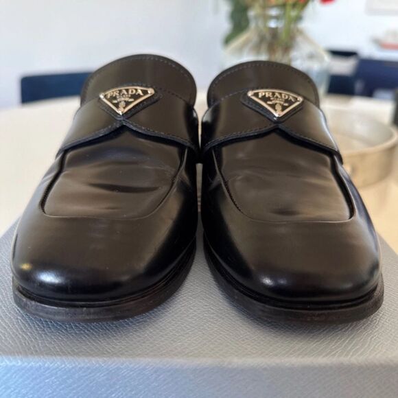 Prada Black Square Toe Leather Logo Slip-On Mules EU 36.5 US 6.5 Authentic - Picture 2 of 10